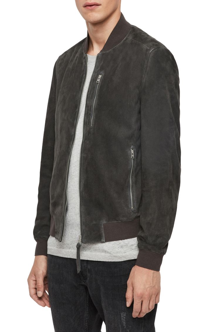 Creamy goat suede defines a versatile, modern jacket cut in a classic bomber silhouette. 26" length (size Medium) Blade collar Dark dye may transfer to lighter materials Lined Leather Professional leather clean Imported Allsaints Long Sleeve Outerwear With Zipper, Allsaints Leather Outerwear With Zipper Closure, Allsaints Long Sleeve Biker Jacket With Zipper, Allsaints Winter Outerwear With Zipper Closure, Allsaints Leather Long Sleeve Jacket, Casual Allsaints Leather Jacket With Long Sleeves, Casual Allsaints Leather Jacket, Allsaints Fitted Leather Outerwear, Casual Allsaints Leather Jacket For Fall