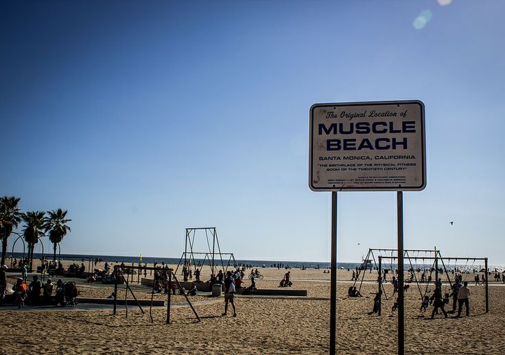 there is a sign that says muscle beach in front of a playground on the beach