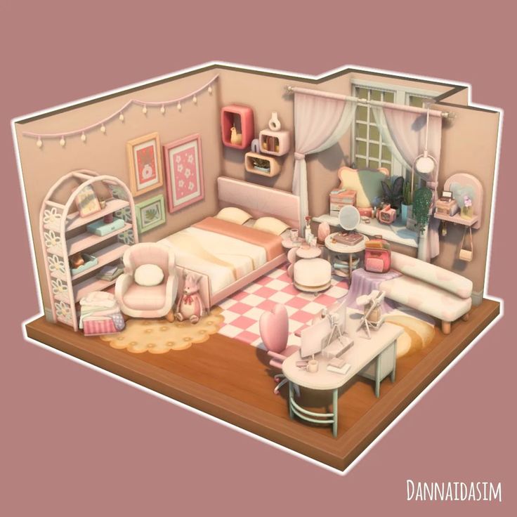 an image of a doll's bedroom with furniture and accessories on the floor in pastel colors