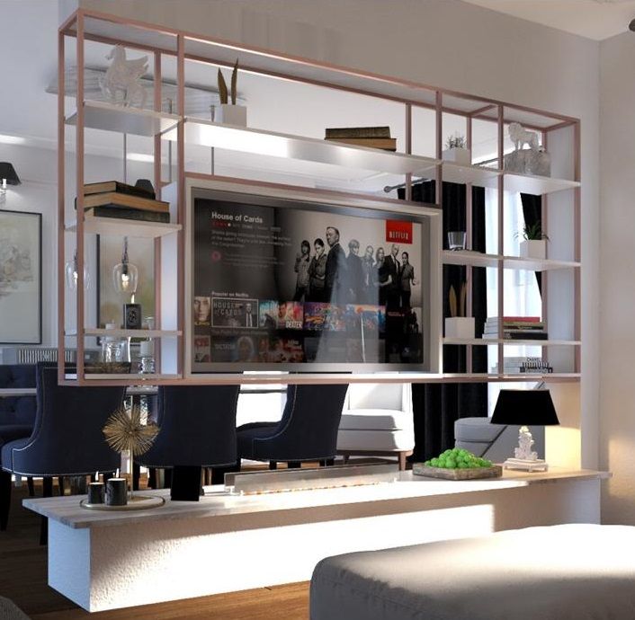 a living room filled with furniture next to a wall mounted book shelf on top of a hard wood floor