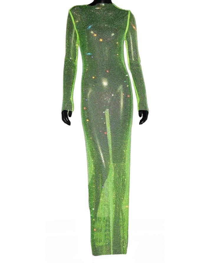 Neon green rhinestone embellished see-through maxi dress. This dress is one size. Size Bust: 29”-38” Hip: 35”-38” Length: 58” Embellished Maxi Dress For Party, Green Sheer Maxi Dress, Green Sheer Maxi Length Dress, Glamorous Green Evening Maxi Dress, Green Long Dress For Night Out, Glamorous Embellished Green Maxi Dress, Glamorous Green Maxi Dress, Green Maxi Dress For Party Season, Glamorous Green Maxi Evening Dress