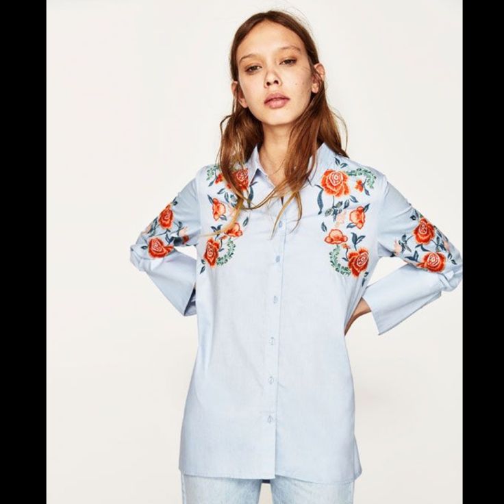 Zara Blue Embroidered Shirt New With Tag Size Medium Color Blue Shoulder 16 Inch Bust 19.5 Inch Length 26-33 Inch Approx Size Measurements Are Approximate Blue Embroidered Collared Blouse, Spring Long Sleeve Shirt With Embroidered Sleeves, Long Sleeve Shirt With Embroidered Sleeves For Spring, Casual Blue Embroidered Shirt, Embroidered Collared Blue Tops, Blue Floral Embroidery Blouse For Work, Light Blue Embroidered Summer Shirt, Blue Floral Embroidered Blouse For Work, Blue Floral Embroidered Workwear Blouse