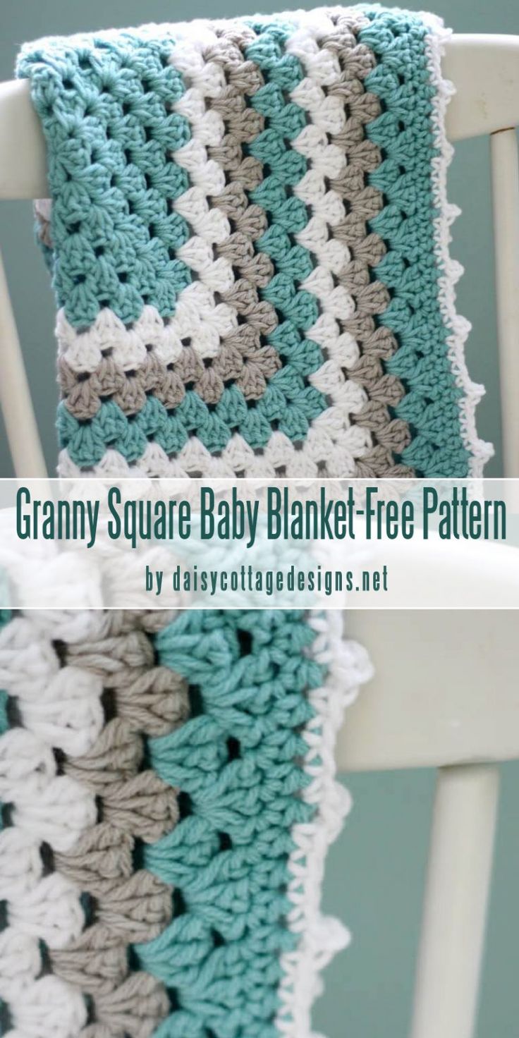 a crocheted blanket that is sitting on top of a chair with the text granny square baby blanket - free pattern