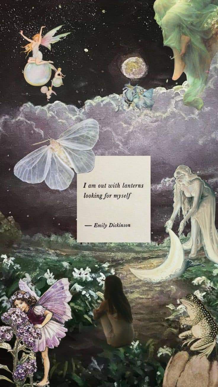 an image of a fairy with flowers and butterflies in the sky above her is a poem written by person