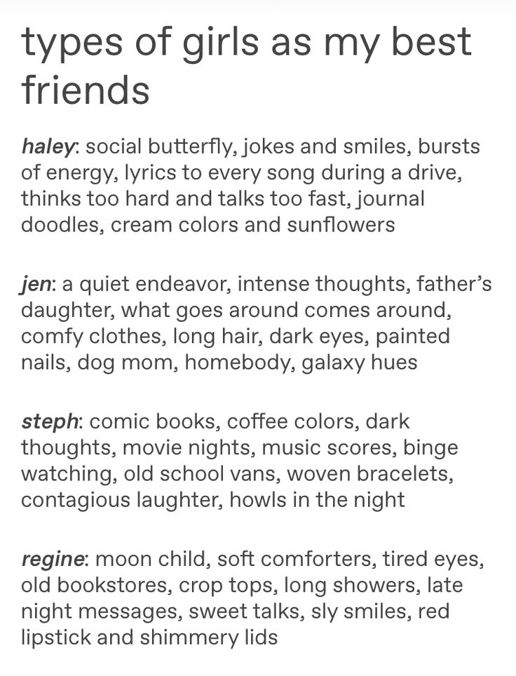 the text on this page says, types of girls as my best friends