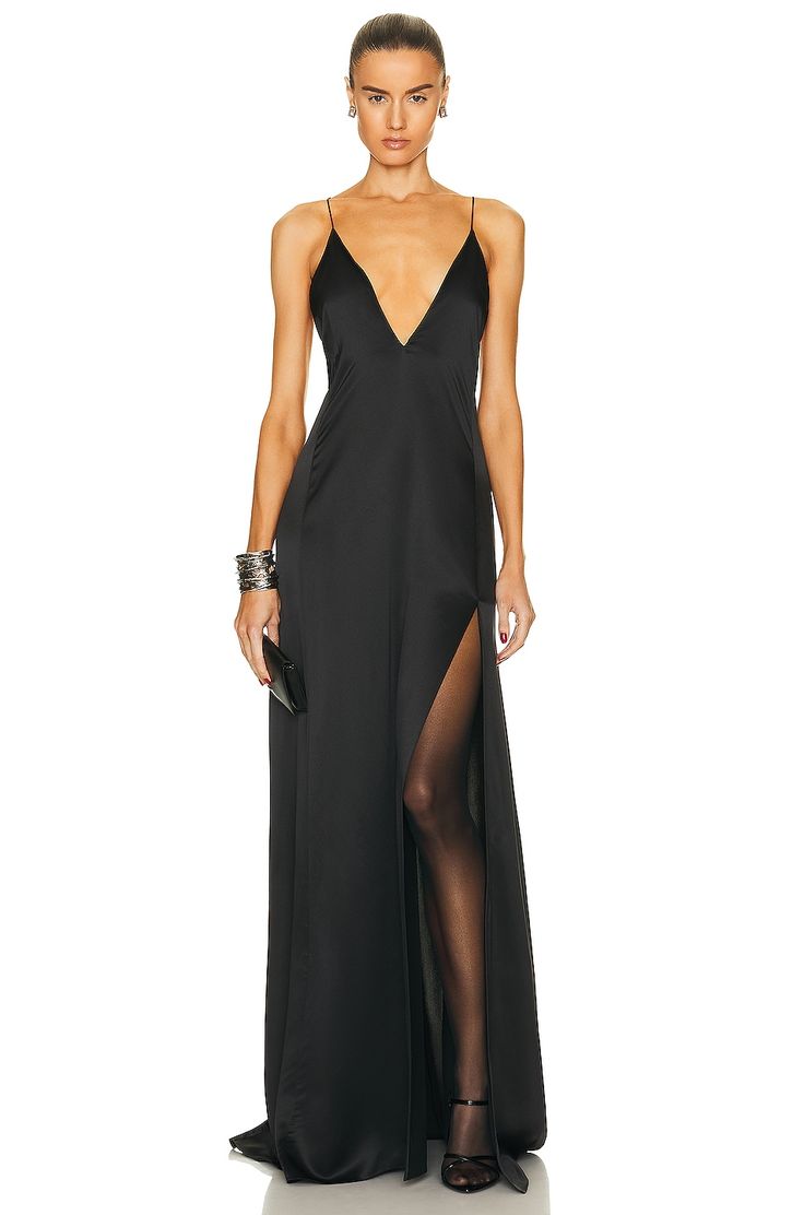 Satin Gown With Side Slits And Floor-length, Sleek Silk Floor-length Slip Dress, Sleek Silk Evening Gown, Silk Floor-length Evening Gown, Floor-length Evening Dress With Boning For Gala, Sleek Floor-length Slip Dress For Gala, Glamorous Silk V-neck Gown, Black Silk Evening Dress With Back Opening, Silk Evening Gown Maxi Length