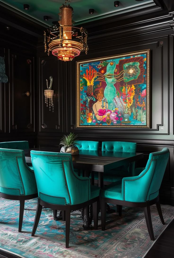 a dining room table with blue chairs and a painting on the wall in the background