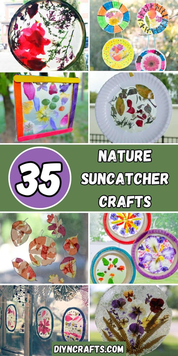 the cover of 35 nature suncather crafts with pictures of flowers and leaves on them