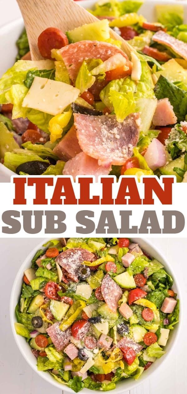 two pictures with different types of salads and the words italian sub salad above them