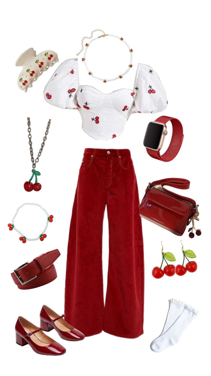 Cherrycore Outfit, Cherry Grunge Outfit, Cherry Outfits Ideas, Cherry Themed Outfit, Cherry Red Aesthetic Outfit, Cherry Outfit Ideas, Cherry Inspired Outfit, Red White Outfit, Cherry Red Outfit