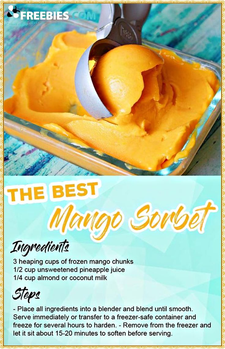 the best mango sorbet recipe is shown in this poster with instructions for how to make it