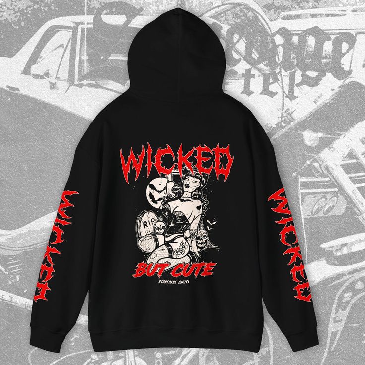 Wicked But Cute' Unisex Hoodie Halloween Grunge Streetwear Hoodie, Halloween Streetwear Hoodie, Grunge Long Sleeve Halloween Hoodie, Halloween Graphic Print Hoodie For Streetwear, Edgy Long Sleeve Halloween Hoodie, Black Grunge Hoodie, Emo Halloween Hoodie For Streetwear, Halloween Emo Hoodie For Streetwear, Edgy Graphic Print Hoodie For Alternative Fashion