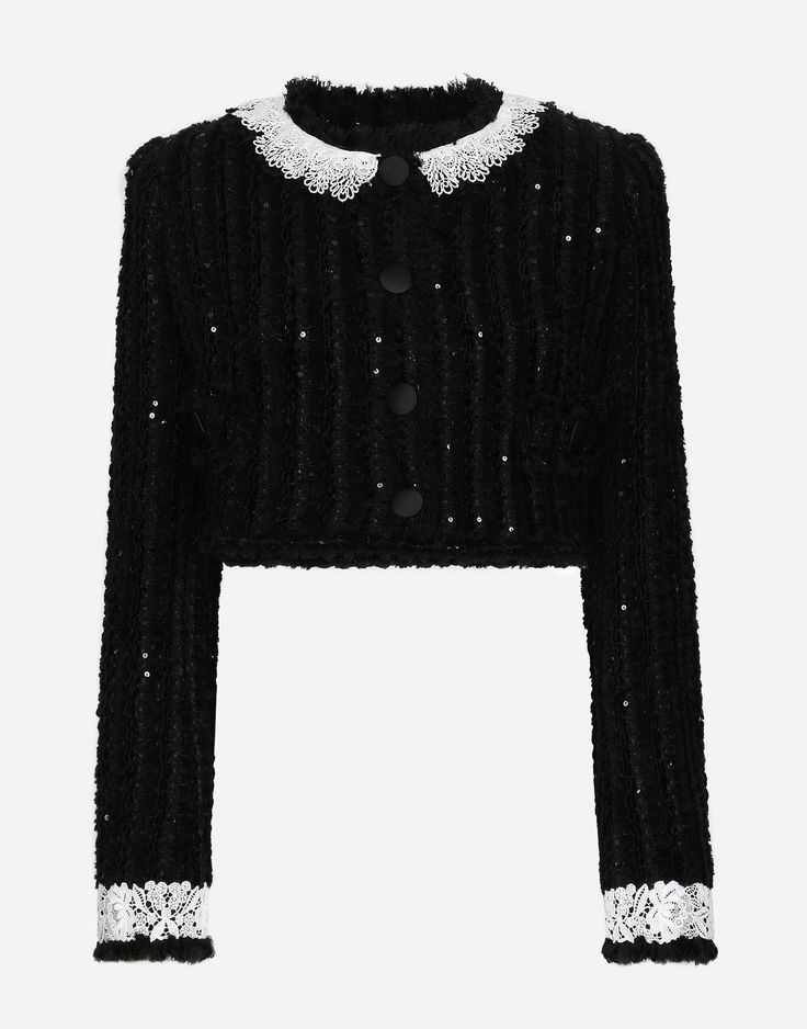 Find DOLCE & GABBANA Giacchino on Editorialist. Short tweed jacket with micro-sequin embellishment: Black Baby collar Long sleeves with lace-detailed cuffs Faux flap pockets Stretch tulle lining Press-stud fastenings The piece measures 40 cm from the center back on a size IT 40 The model is 175 cm tall and wears a size IT 40 Made in Italy Fashion Trend Board, Dolce Gabbana Jacket, Sequin Embellishment, Puff Jacket, Lace Knitting Patterns, Trim Jacket, Black Baby, Couture Runway, Luxury Brands