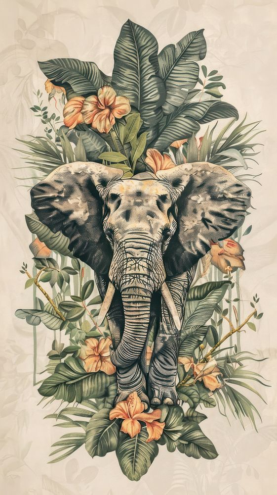 an elephant is surrounded by tropical leaves and flowers