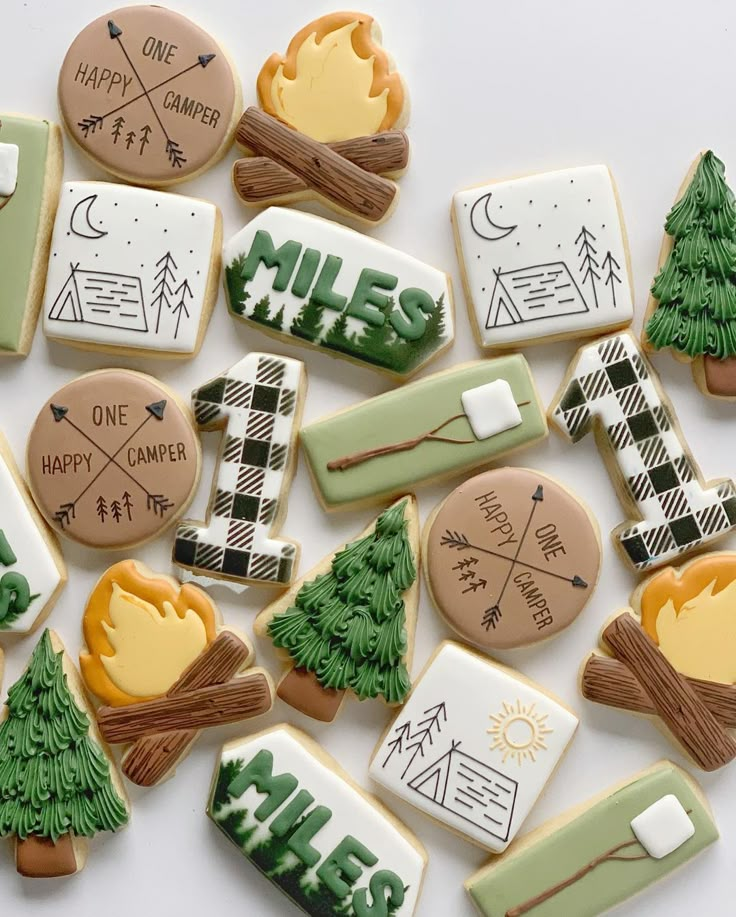 decorated cookies are arranged in the shape of campfires and campsites with words on them