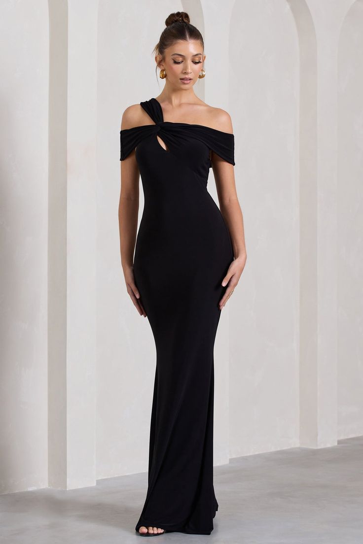 Captivating Black Strappy Asymmetric Cut-Out Maxi Dress �– Club L London - USA Formal Strapless Black Dress, Luxury Off-shoulder Asymmetrical Dress For Night Out, Luxury Elegant Strapless Dress For Cocktail, Luxury Elegant Strapless Dress For Date Night, Luxury Off-shoulder Asymmetrical Dress For Women, Luxury Asymmetrical Hem Dress For Date Night, Black Gala Dress Classy Long, Luxury Sleeveless Off-shoulder Dress, Long Tight Black Prom Dress