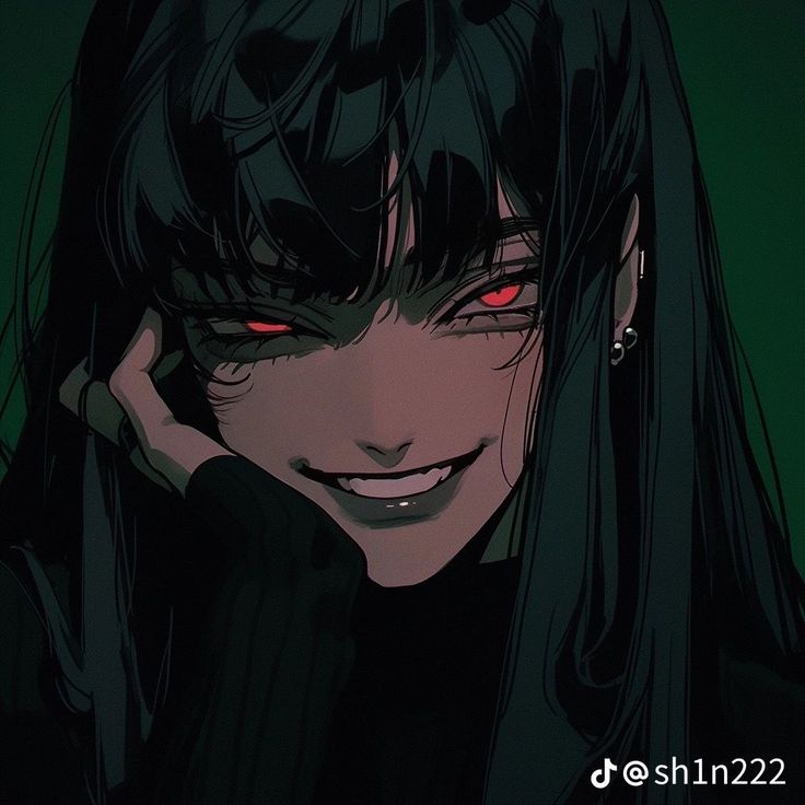 an anime character with red eyes and long black hair, holding his hand to his face