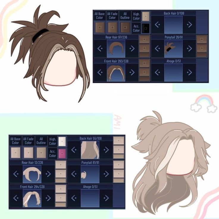 the hair styles are shown in two separate screens, one is brown and one is blue