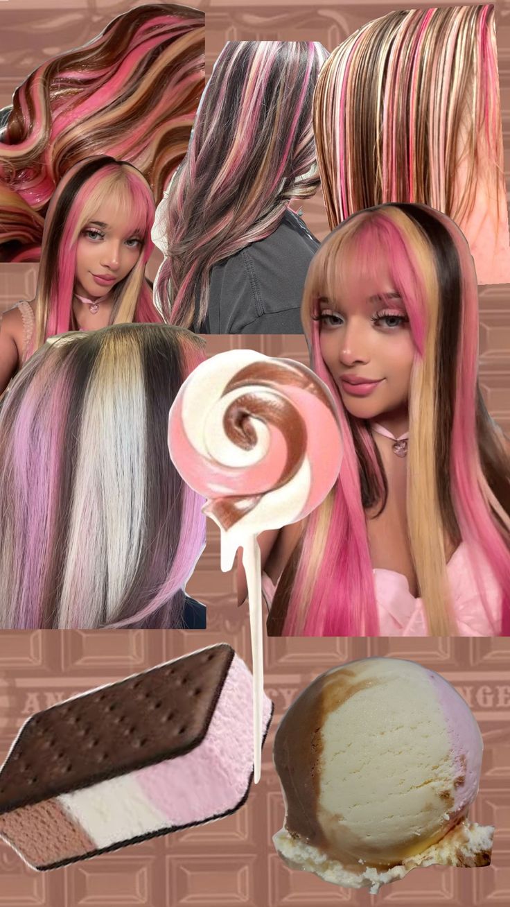 Hair Inspo for my gf #neopolitan Napoleon Hair Color, Neopolitan Hair Dye, Neoploaton Hair, Nepolian Hair, Neopaliton Hair, Neopolitan Hair Highlights, Napoleon Hair, Cool Hair Dye, Neapolitan Hair