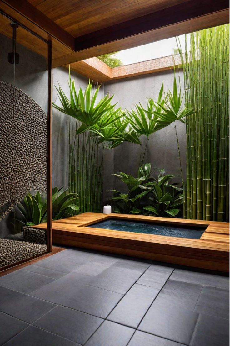 Zen bathroom with Japanese soaking tub and natural elements Japanese Sunken Bath, Sunken Bathtub Japanese Style, Japanese Tubs Soaking, Wet Room With Japanese Soaking Tub, Japanese Pool Design, Japanese Spa Design, Atrium Bathroom, Zen Bathtub, Japanese Zen Interior Design