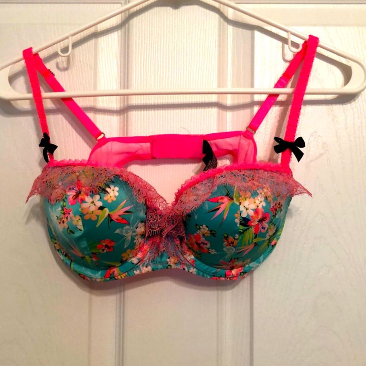 Victoria’s Secret Very Sexy Balconet Bra, Teal With Floral Design And Neon Pink Straps, Black Bows On Straps And In Middle, Neon Pink Lace Back, Clasps In Black. Never Worn, Tags Not Attached. Pink Underwire Bra For Party, Party Pink Bra With Padded Cups, Pink Padded Party Bra, Pink Party Bra With Lined Body, Pink Lined Bra For Party, Party Bra With Boning And Underwire, Pink Coquette Underwire Bra, Fitted Multicolor Bra With Padded Cups, Balconet Bra