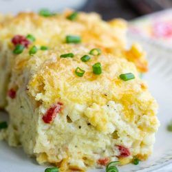 a close up of a piece of food on a plate with green onions and cheese