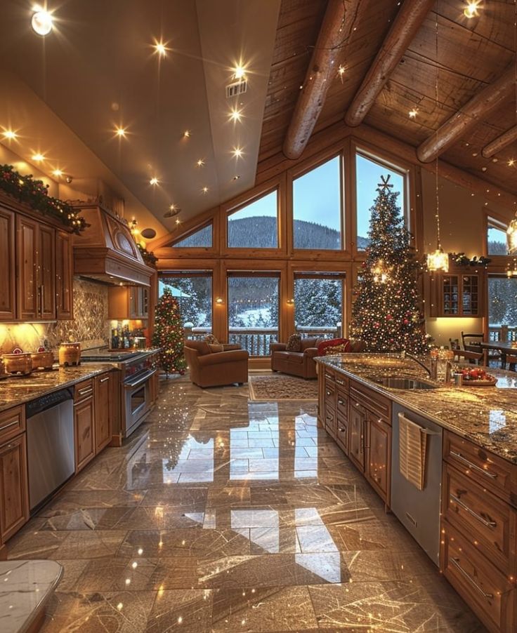 a large kitchen with granite counter tops and wooden cabinetry, lighted by christmas lights