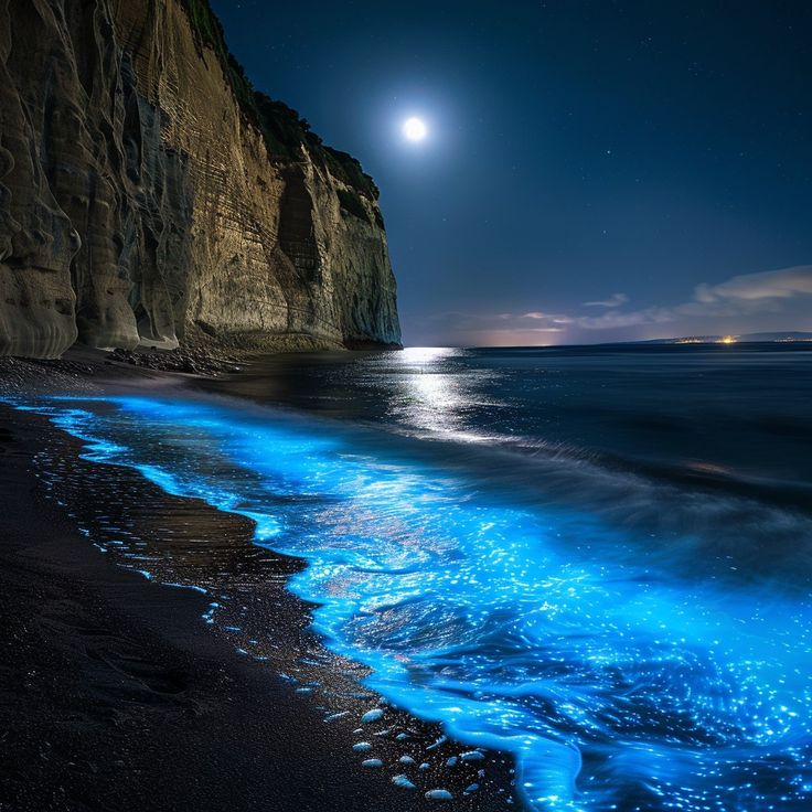 the moon shines brightly in the night sky over an ocean beach with waves crashing on it