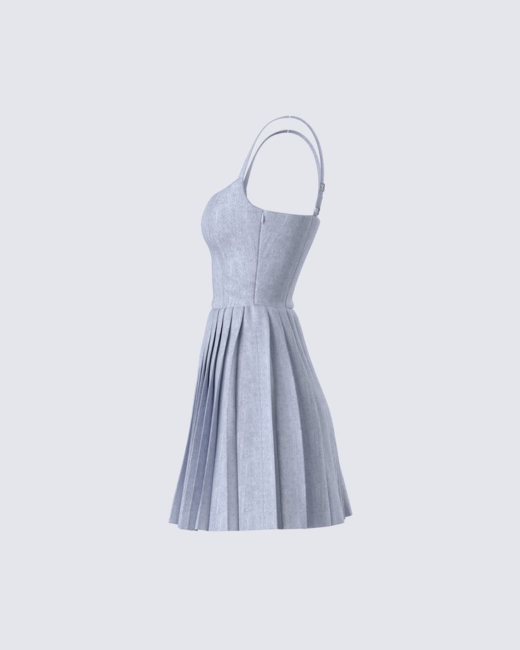 Command the attention of any room you walk into in this grey mini dress 🙌 Effortlessly chic and endlessly versatile, this piece is made from poly suiting fabric and complete with a fit & flare style and a pleated skirt 🖤 Chic A-line Mini Dress With Box Pleat, Gray A-line Mini Dress For Spring, Chic A-line Pleated Mini Dress, Fitted Box Pleat Pleated Dress For Cocktail, Fitted Pleated Dress With Box Pleat For Cocktail, Chic Fitted Mini Dress With Box Pleat, Fitted Box Pleat Cocktail Dress, Fitted Cocktail Dress With Box Pleat, Chic Fitted Lined Pleated Dress