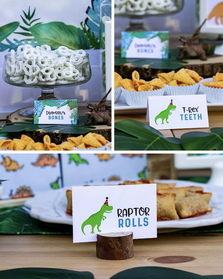 the dessert table is decorated with dinosaur themed treats and place cards for guests to eat