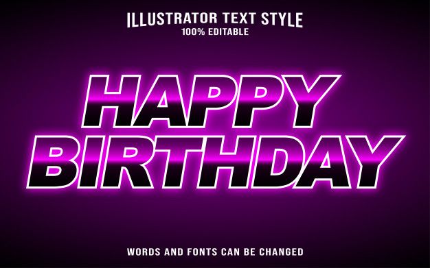 the words happy birthday are lit up in pink and purple colors on a dark background