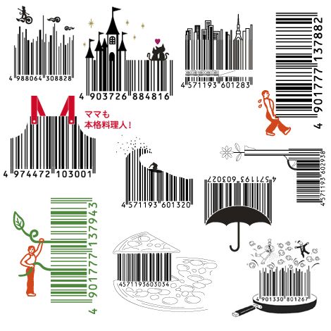 the barcodes are designed to look like people with umbrellas and buildings in the background