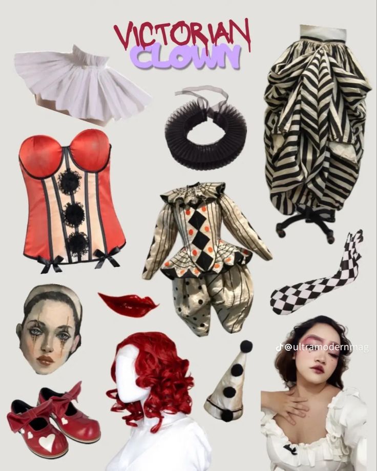 several different types of clothes and accessories are shown in this image with the words victorian clown above them