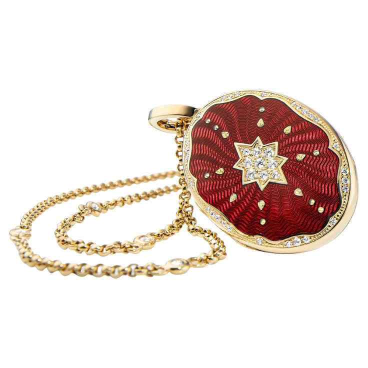 Victor Mayer oval locket pendant 18k yellow gold, Victoria collection, translucent red vitreous enamel, gold paillons, 37 diamonds, total 0.29 ct, G VS, brilliant cut, measurements app. 25 mm x 35 mm About the creator Victor Mayer Victor Mayer is internationally renowned for elegant timeless designs and unrivalled expertise in historic craftsmanship. Lovers of the extraordinary appreciate the beauty of Victor Mayer's designs, which use extremely rare techniques such as genuine enamel or elaborate engravings. Since 1890, the company has stood for the finest jewellery Hand Made in Germany. It is an open secret that the most renowned brands, such as Fabergé, entrust the company with the production of their most exquisite collections. Reference: V1757/AR/00/00/102 Brand: VICTOR MAYER Collectio Vitreous Enamel, Oval Locket, Locket Pendant Necklace, Vintage Fine Jewelry, Expensive Jewelry, Dream Jewelry, Locket Necklace, High Jewelry, Estate Jewelry