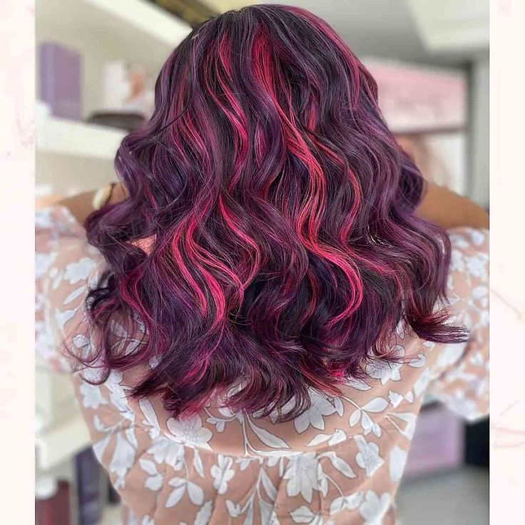 Dark Purple Hair With Pink Highlights, Fuschia Highlights, Pink And Purple Highlights, Brown Hair With Pink, Brown Hair With Pink Highlights, Highlights Underneath, Hair Color Ideas Trending, Hair With Pink Highlights, Pink And Purple Hair