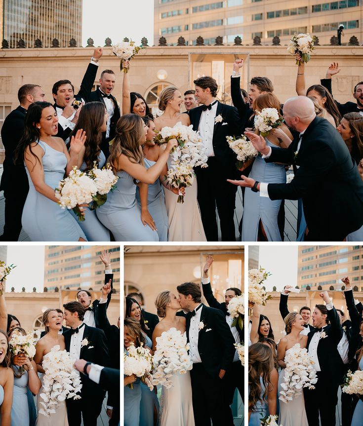 Wedding Party celebrating with Bride and groom at downtown dallas rooftop wedding venue Blue Tux Bridal Party, Bridal Party Photos Blue Dresses, Powder Blue And Black Wedding, Dusty Blue And Black Wedding Party, Sky Blue And Black Wedding, Steel Blue Bridal Party, Classy Wedding Party Attire, Classic Wedding Party Attire, Light Blue Wedding Party Attire