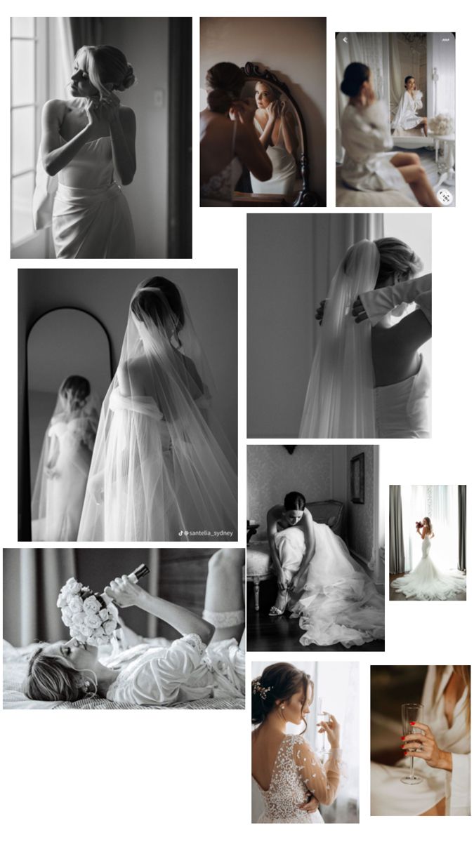 black and white photo collage of brides getting ready for their wedding day at the hotel