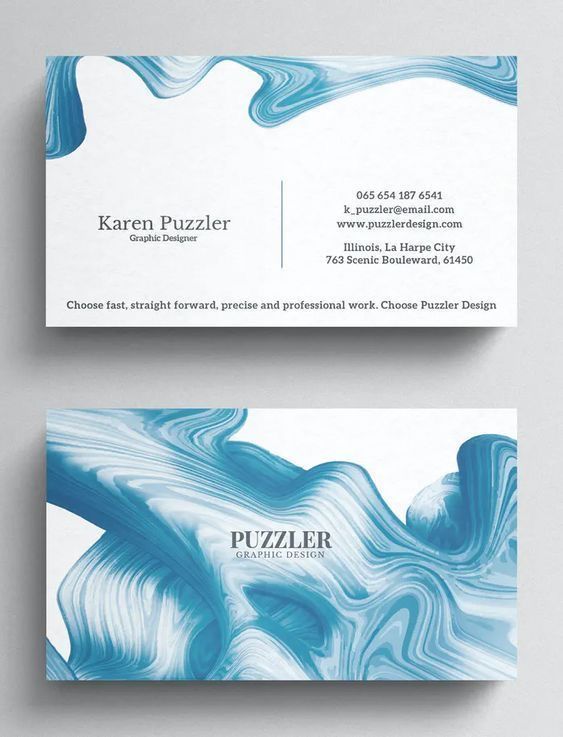 two business cards with blue swirls on them