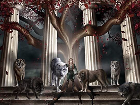 a woman surrounded by wolfs in front of columns