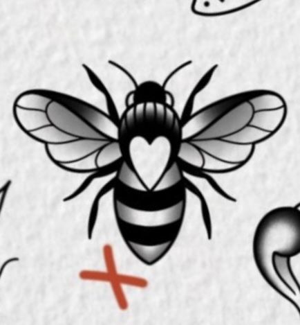 a drawing of a bee with hearts on it