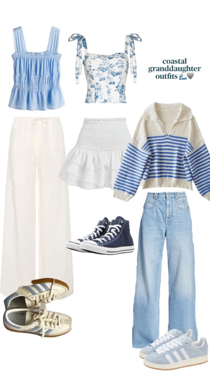 coastal granddaughter beach summer coast west coast east coast pacific sambas converse adidas campus tank tops tanking boatneck sweater v neck baggy jeans linen pants skirt white blue aesthetic Coastal Granddaughter Outfits, Blue Top Outfit, Outfits Baggy, Coastal Granddaughter, Pants Skirt, Adidas Campus, Blue Beach, Boatneck Sweater, Skirt White