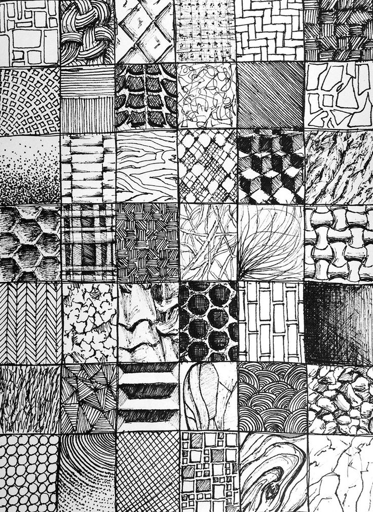 a black and white drawing of many different types of patterns on the surface, including squares