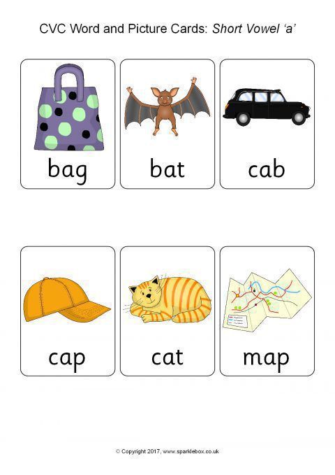 the cvc word and picture cards show different objects