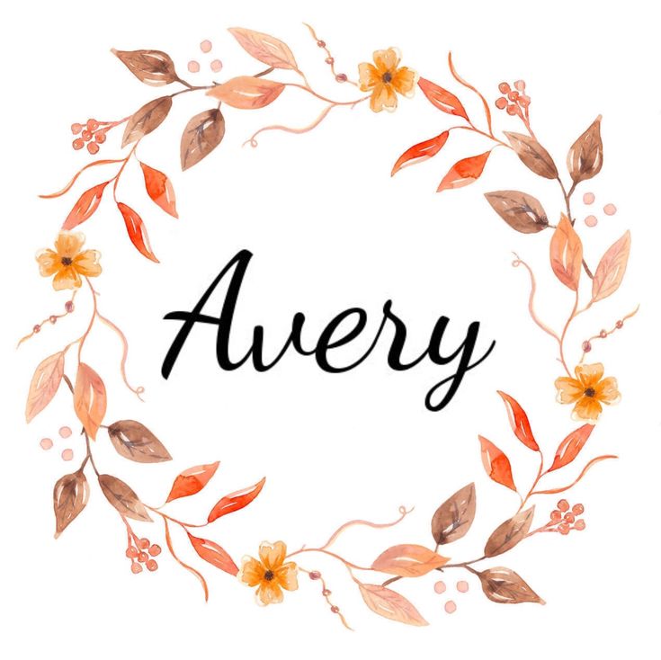 the word avery surrounded by watercolor leaves and flowers on a white background with an orange flower