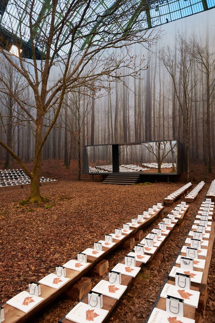 tables set up in the middle of a forest for an outdoor dinner party with trees and benches