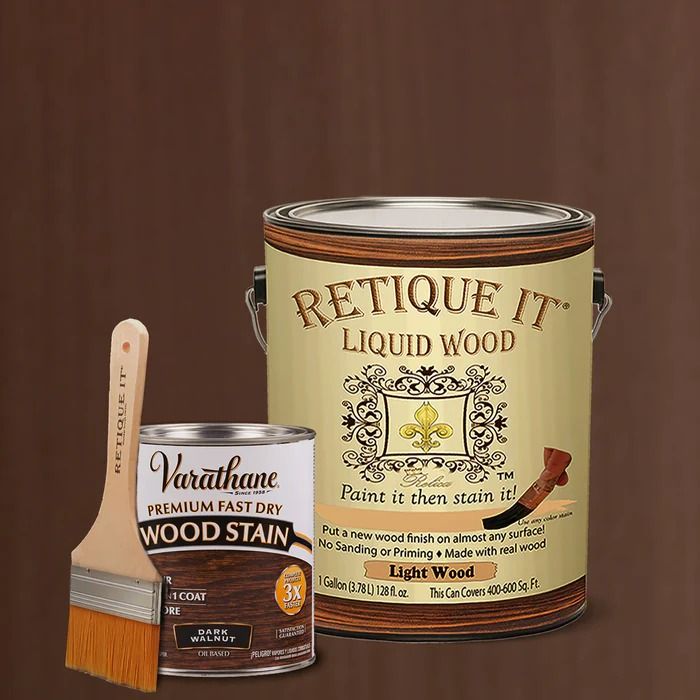 a paint can with a brush next to it and some wood stain on the side