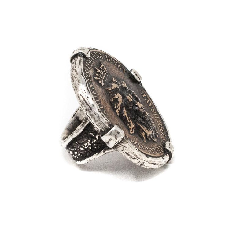 Handcrafted Coat of Arms Coin Ring Oxidized Sterling Silver and Ancient Bronze Coat of Arms coin features the latin Proverb, Audentis Foruna Iuvat Fortune Favors the Brave written in Latin and English Sterling wrapped bronze Lion King coin Ring measures 1.5" across. One of my favorite pieces We love bold jewelry All rings are handmade to order so please allow 3-4 weeks Rings are available in half sizes, please pick your desired size at checkout Audentis Fortuna Iuvat, Fortune Favors The Brave, Cool Rings For Men, King Ring, Fortune Favors The Bold, Cool Rings, King Lion, Bold Jewelry, Coin Ring