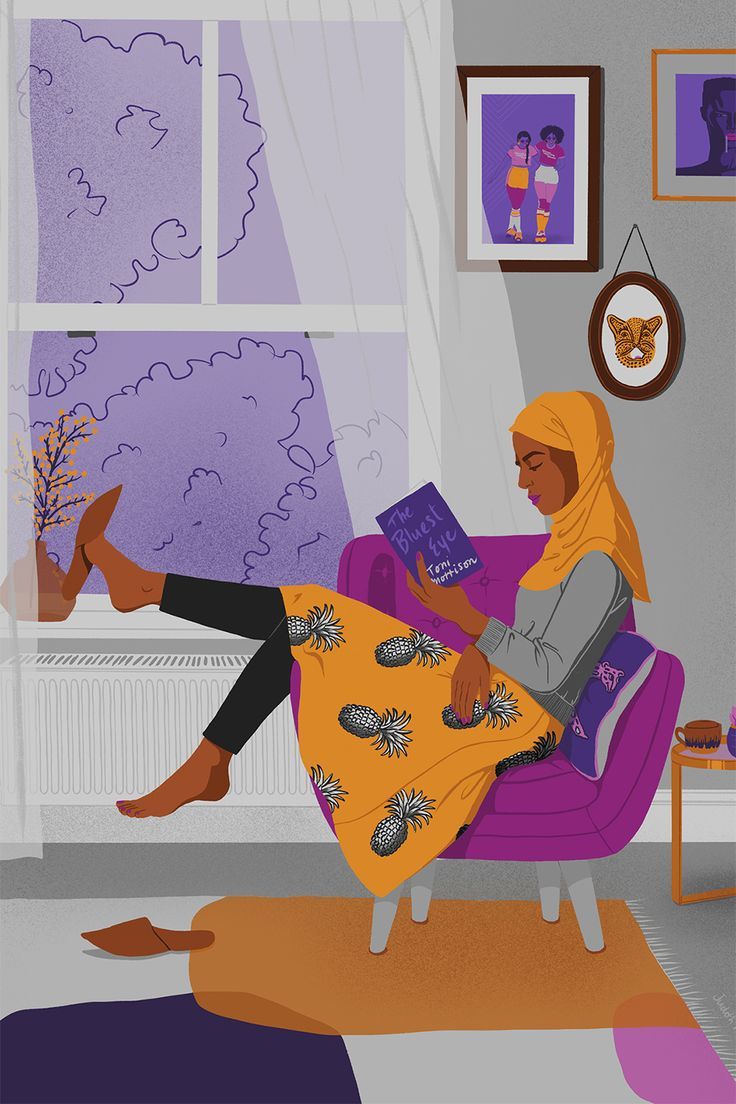 Illustration of a Muslim woman reading the book The Bluest Eye by Toni Morrison. She is sat by the window on an armchair and the light curtains are being moved by the breeze. The Bluest Eye, Cool Tiger, Illustration Interior, Woman Authors, Toni Morrison, Flower Studio, Mexican Pottery, Woman Reading, Colorful Drawings