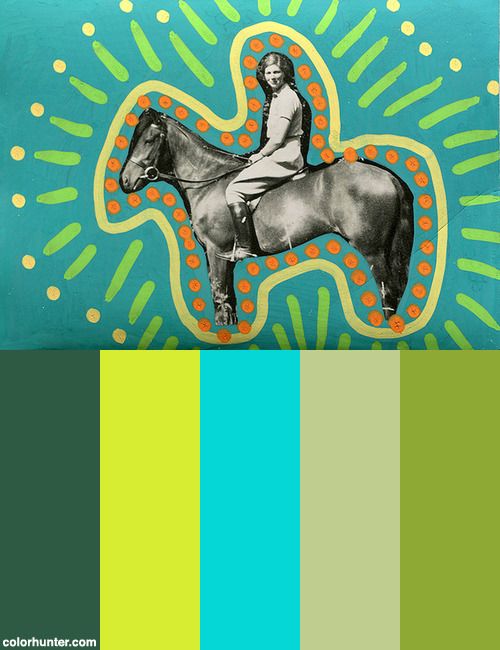 a woman sitting on top of a horse in front of a blue background with orange and green stripes