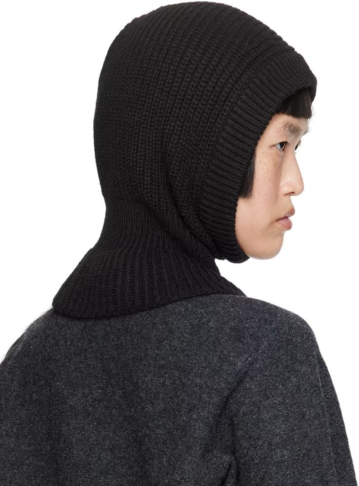 Black Rib Hood by LEMAIRE on Sale Black Full Face Balaclava For Cold Weather, Black Wool Beanie For Fall, Black Warm Hooded Balaclava, Black Wool Beanie For Winter, Black Knit Hooded Outerwear, Black Balaclava For Cold Winter Weather, Black Balaclava For Cold Weather And Winter, Warm Black Balaclava For Cold Weather, Black Knit Warm Outerwear